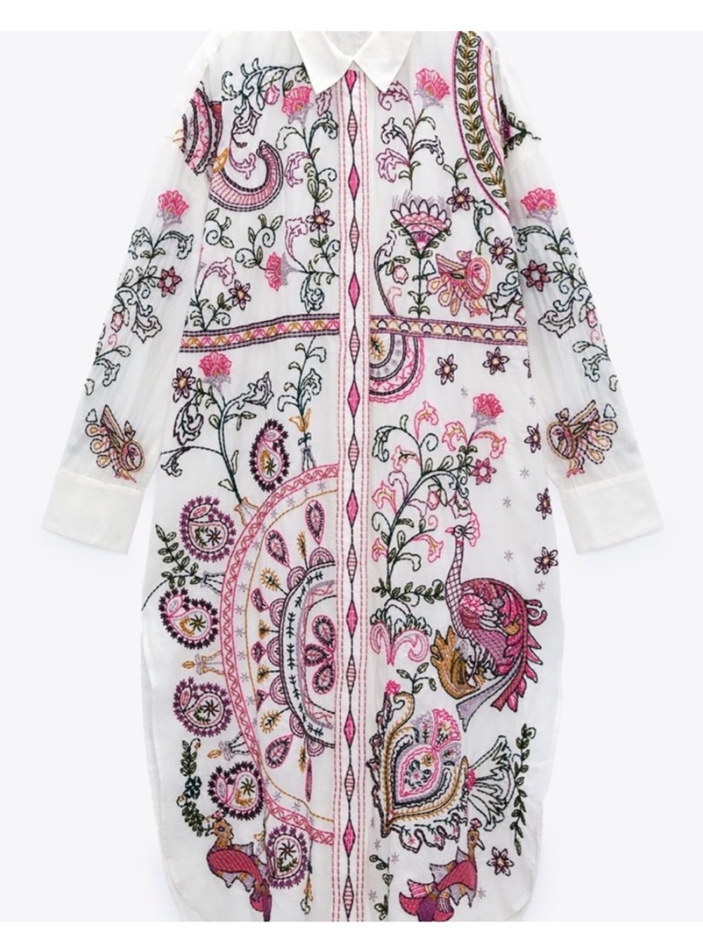 Zara Embroidered Floral Button-Down Shirt Dress in White and Pink